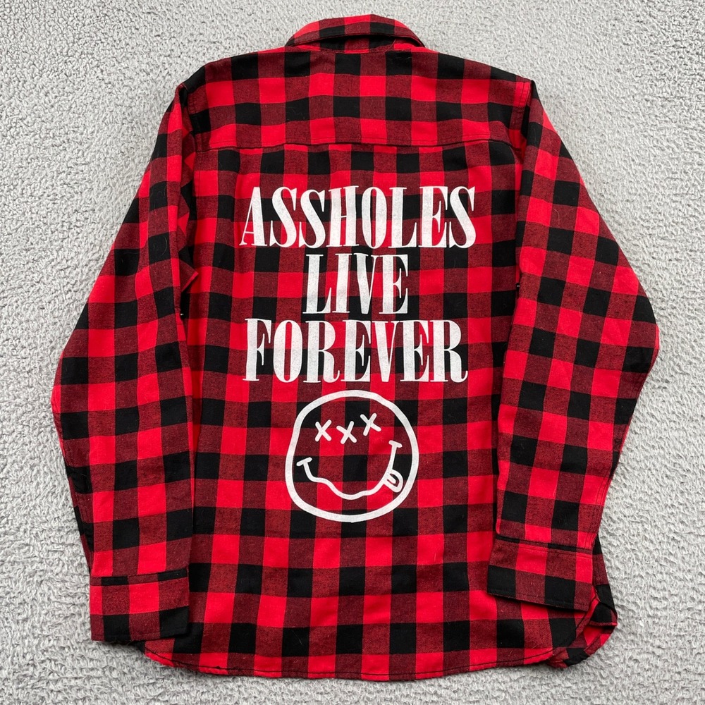 Assholes*s Live Forever Shirt Mens Medium Red Black Buffalo Plaid Smiley Face